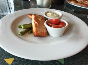 Roasted salmon and asparagus with cherry tomatoes and cauliflower puree