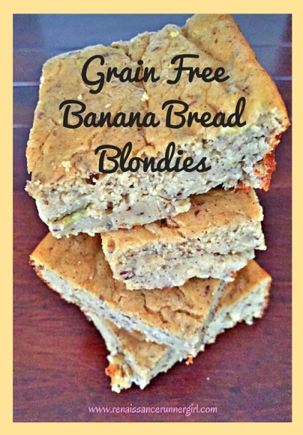 Deliciously dense, moist banana bread blondies, grain free, dairy free, and a perfect winter treat.